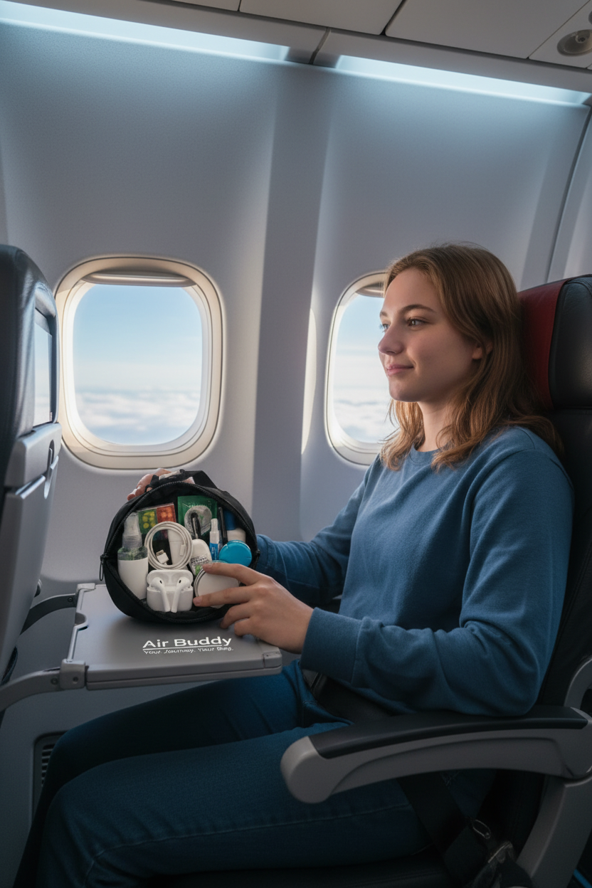 Person using Air Buddy pouch on plane